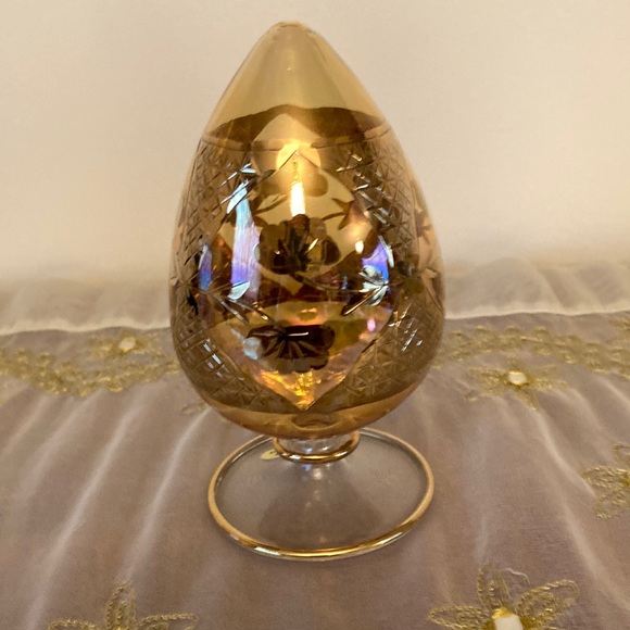 Vintage Egyptian Hand Blown Glass Egg Shaped Gold Etched Pattern Amber Color - Picture 2 of 6